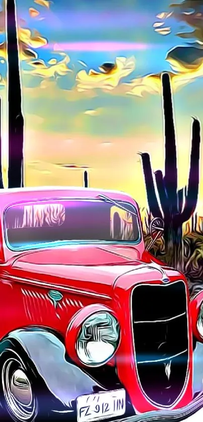 Artistic red vintage truck in desert landscape with cacti and sunset sky.