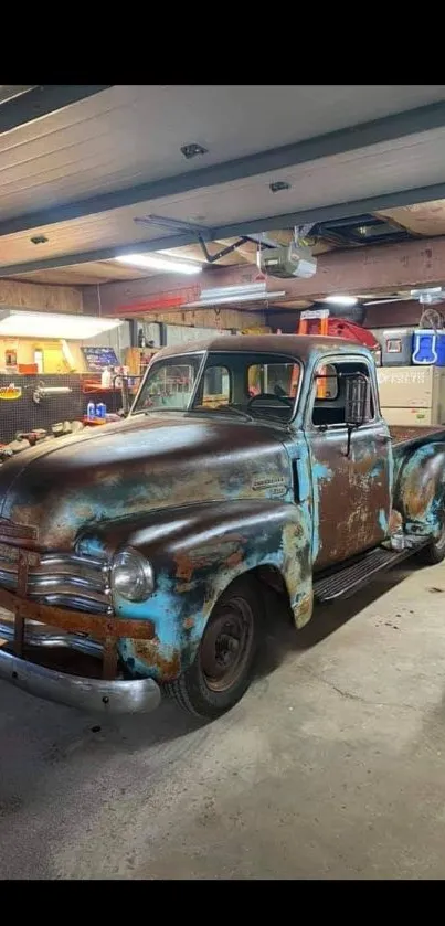 Rustic vintage truck parked in an old garage with nostalgic atmosphere.