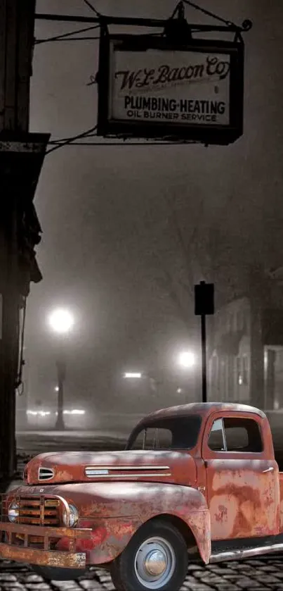 Vintage red truck on a foggy street at night.