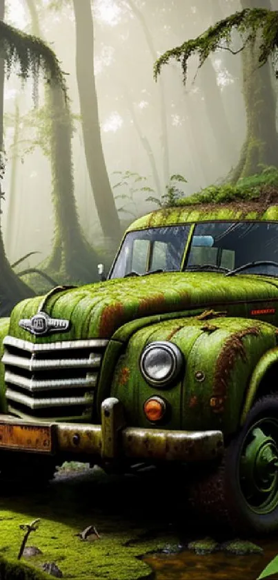 Moss-covered vintage truck in a lush, misty forest setting.