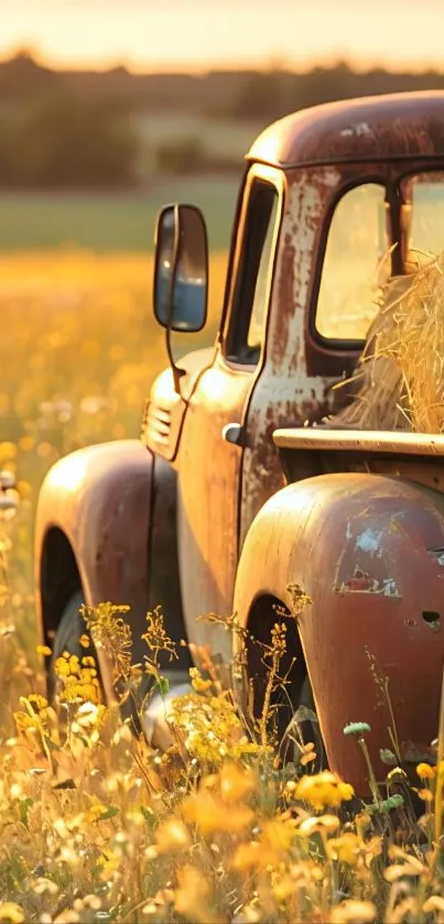 Vintage truck in a golden field during sunset.