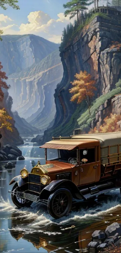 Vintage truck driving through a scenic canyon with autumn leaves and a flowing river.