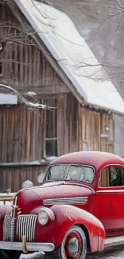 Vintage red truck parked in snow beside cabin.