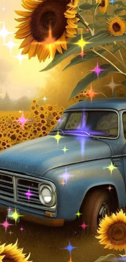 Vintage blue truck in sunflower field, yellow blooms dominate the landscape.