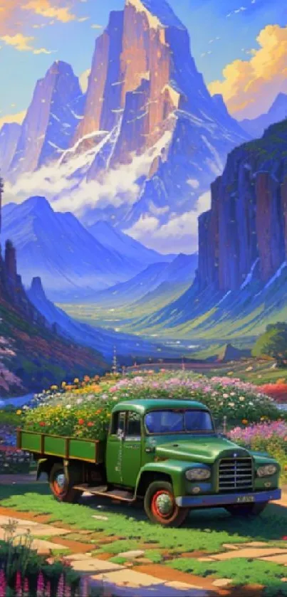 Vintage truck in colorful mountain landscape with flowers.