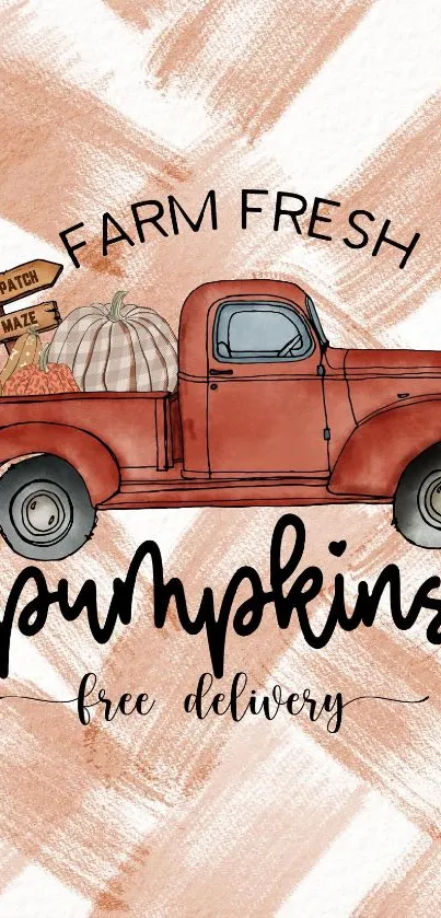 Vintage red truck with pumpkins on rustic chevron background.