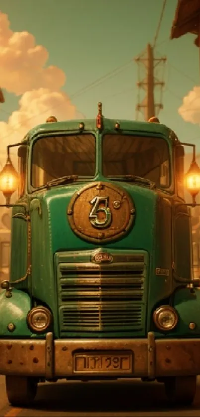 Vintage teal truck on a sunlit urban street, evoking nostalgia.
