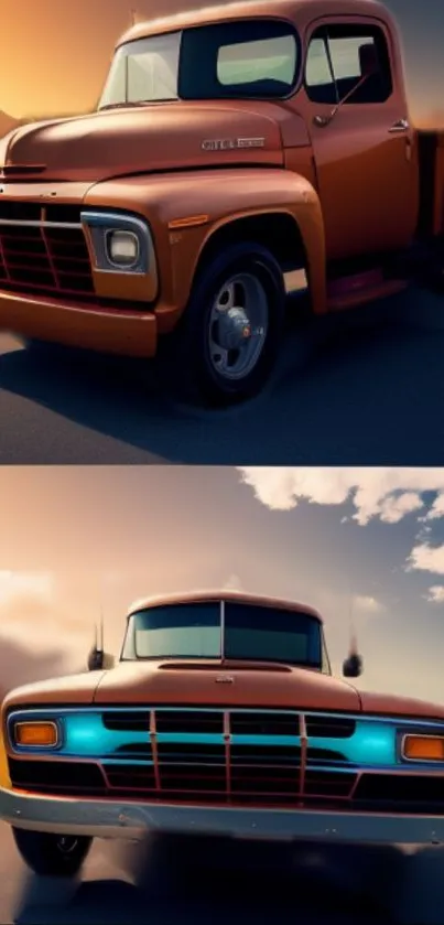 Vintage truck driving on highway at sunset with vibrant orange glow.