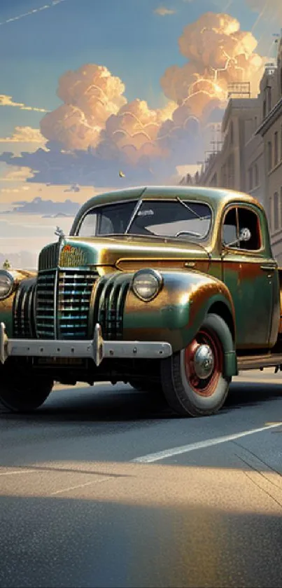 Vintage truck on urban street with cloudy sky in background.