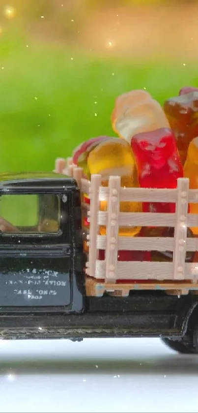 Vintage truck with colorful gummy bears on grass.