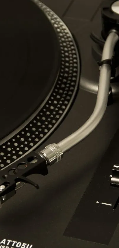 Close-up of a vintage turntable with a black vinyl record.