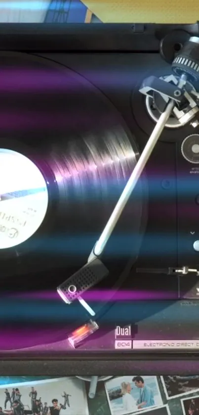 Vintage turntable playing a vinyl record with colorful light streaks.