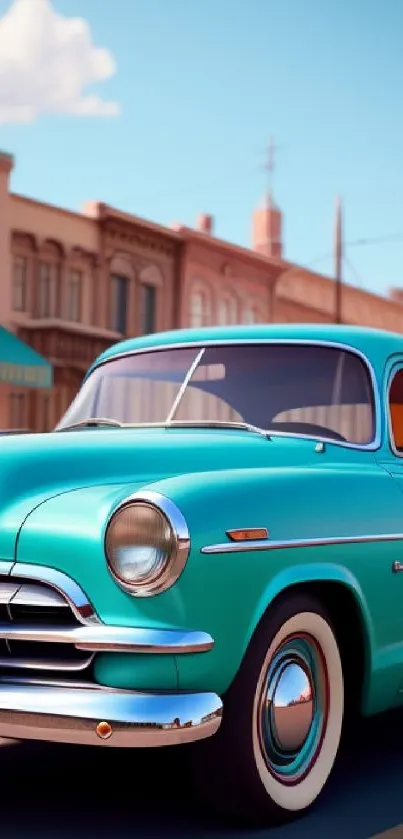 Vintage turquoise car on a picturesque street, ideal for mobile wallpaper.