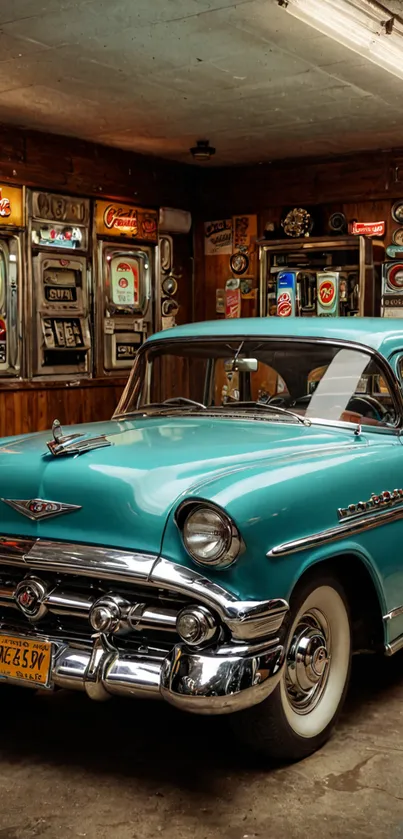 Vintage turquoise car in nostalgic garage setting.