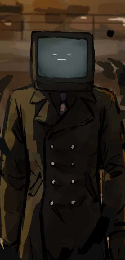 Illustration of a person with a TV head and a trench coat in brown tones.