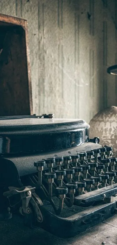 Vintage typewriter on wooden desk with ambient lighting.