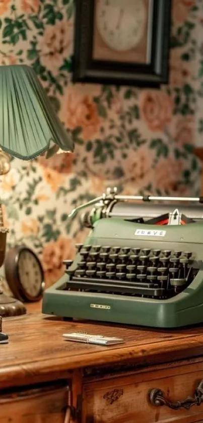 Vintage green typewriter on wooden desk with floral wallpaper.