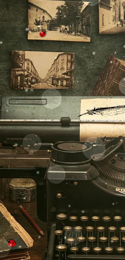 Vintage typewriter with nostalgic photos and stationery items.