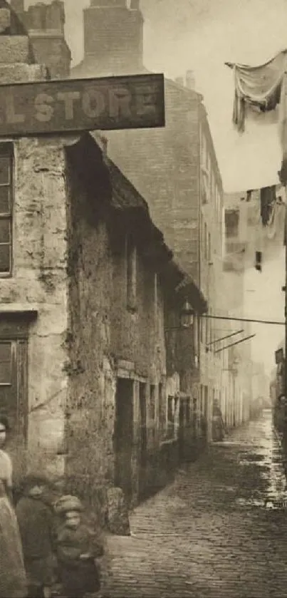 Vintage urban alley with historical charm and sepia tones.