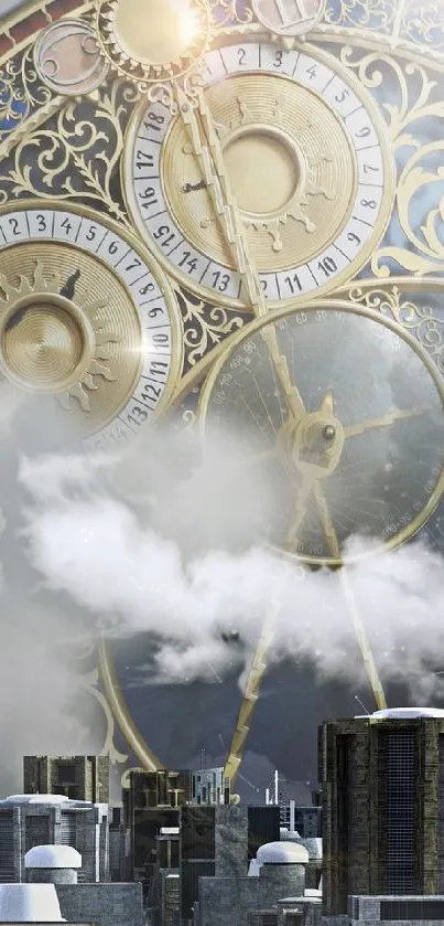 Vintage urban cityscape with clock and balloon.