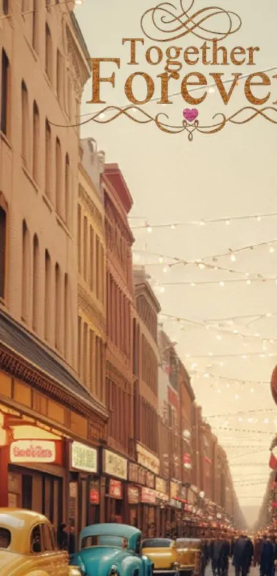 Vintage street scene with old cars and 'Together Forever' text.