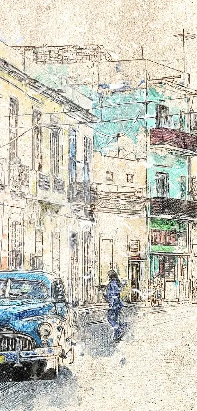 Vintage urban street scene with classic car and historic architecture.