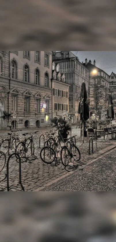 Vintage city street with bicycles and cobblestone path.