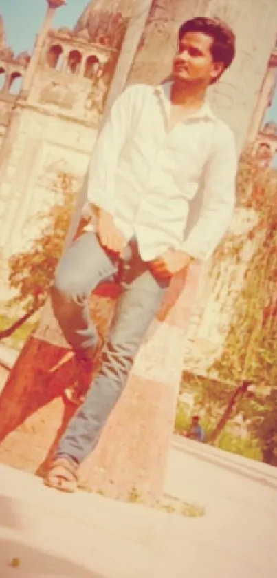 Man leaning on a pillar against rustic background with a vintage vibe.