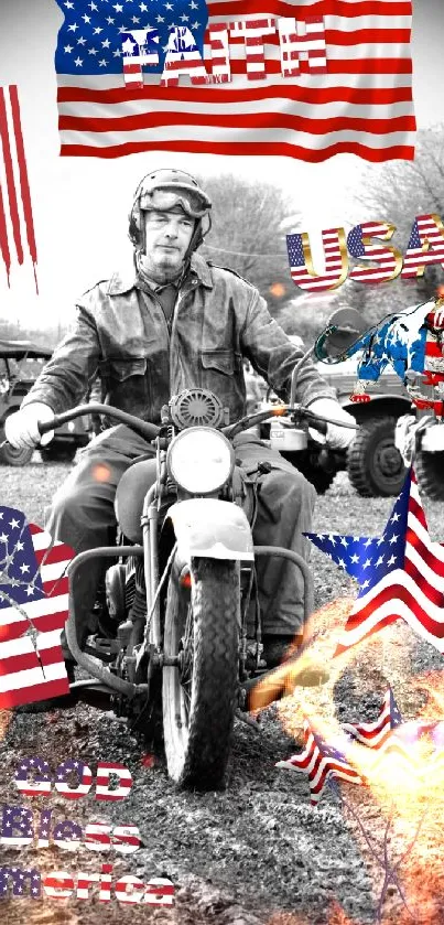 Vintage US motorcycle with American flags in black and white design.