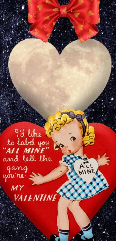 Vintage Valentine heart wallpaper with a cute girl and celestial background.