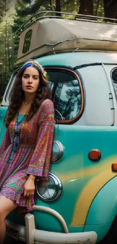 Young woman by a vintage turquoise van in a forest setting.