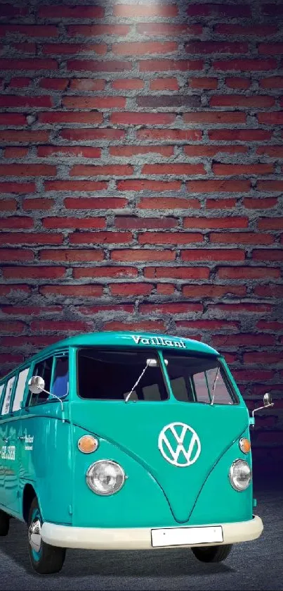 Blue vintage van in front of a brick backdrop.