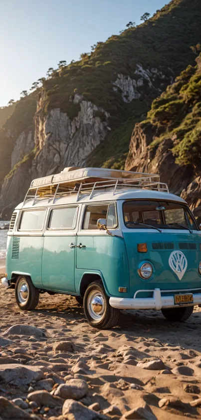 Vintage turquoise van parked on a scenic sandy beach.