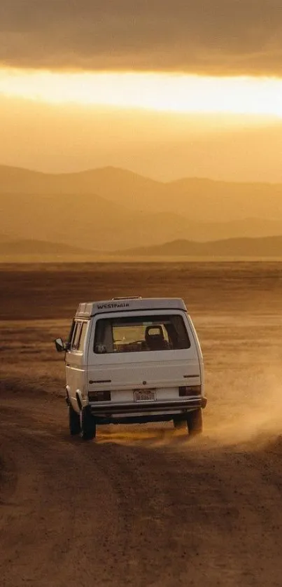 Vintage van driving through desert at sunset with mountains.