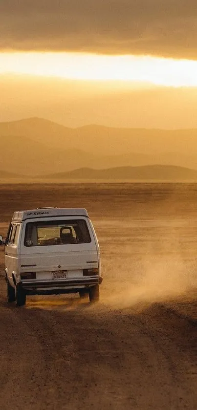 Vintage van driving through a golden desert under a sunset sky.