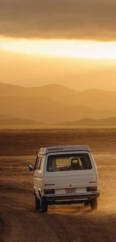 Vintage van driving through desert at sunset.