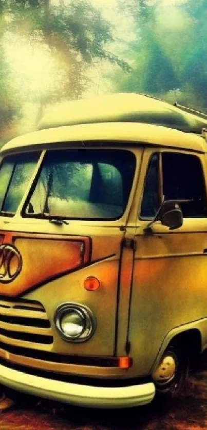 Vintage van resting in a misty forest, perfect for mobile backgrounds.