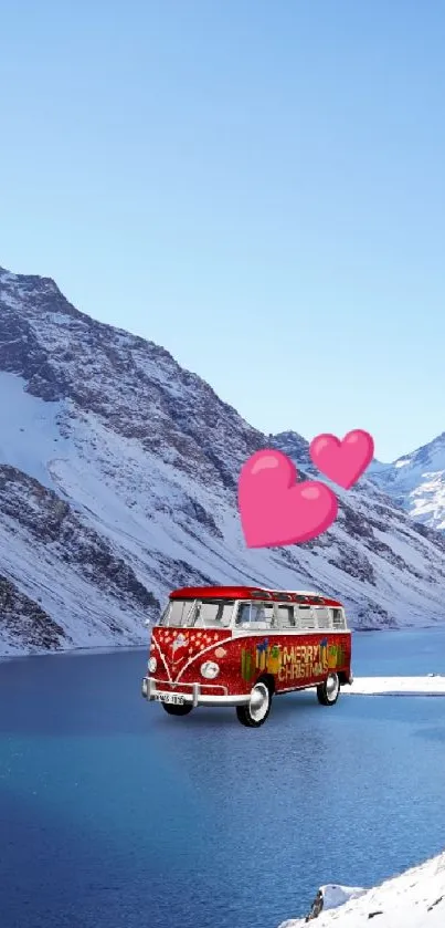 Vintage van with hearts in snowy mountains by a blue lake.