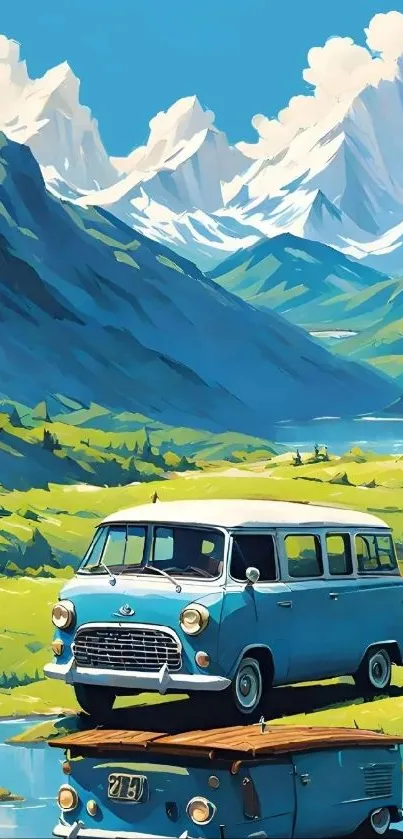 Vintage blue van in scenic mountain landscape with clear sky.