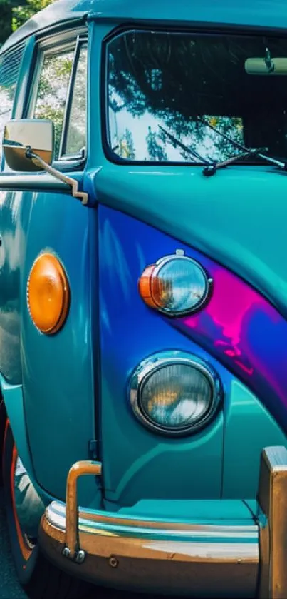 Vintage teal blue van with vibrant colors in a stylish setting.