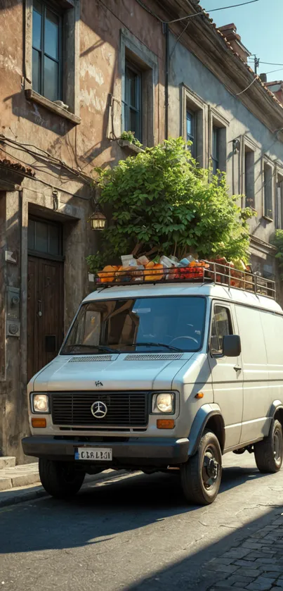 Vintage van on a rustic street with greenery.