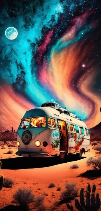 Vintage van under a colorful cosmic night sky in a desert setting.