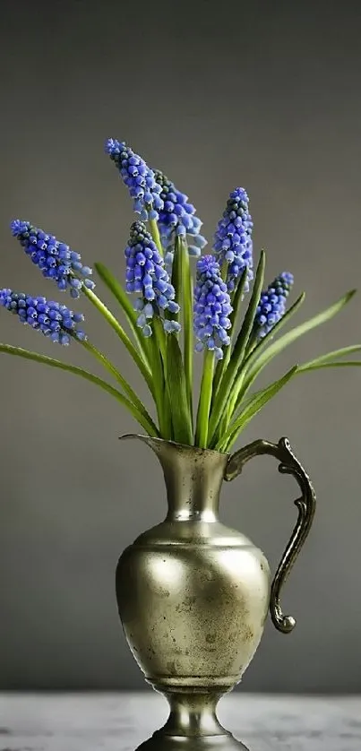 Vintage vase with vibrant purple flowers.