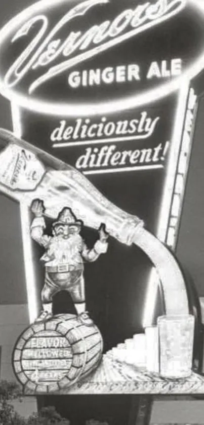 Vintage Vernors Ginger Ale neon sign in black and white, nostalgic advertising image.