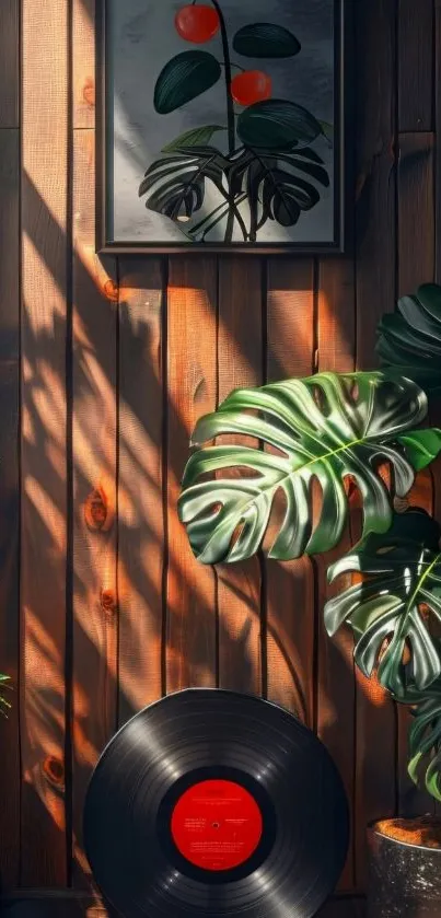 A vinyl record with plant decor on a wooden wall.