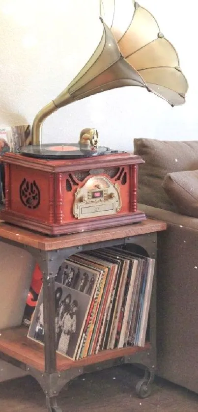 Vintage gramophone and vinyl records on a rustic shelf in a cozy living room.