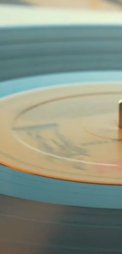 Close-up of a spinning vintage vinyl record on a turntable.