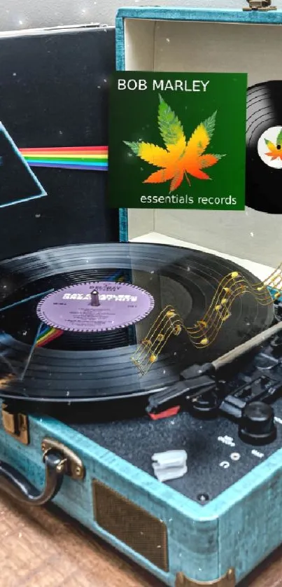 Vintage vinyl record player with iconic albums on a wooden table.