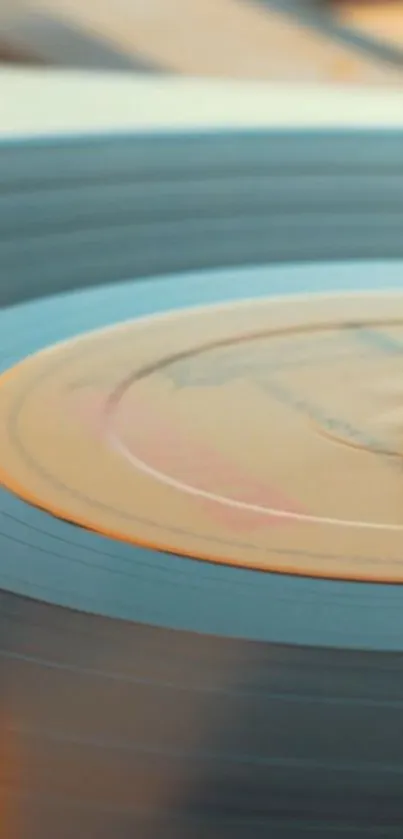 Close-up image of a spinning vintage vinyl record with golden and blue tones.