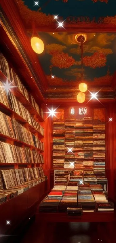 Vintage vinyl room with warm lights and artistic ceiling.